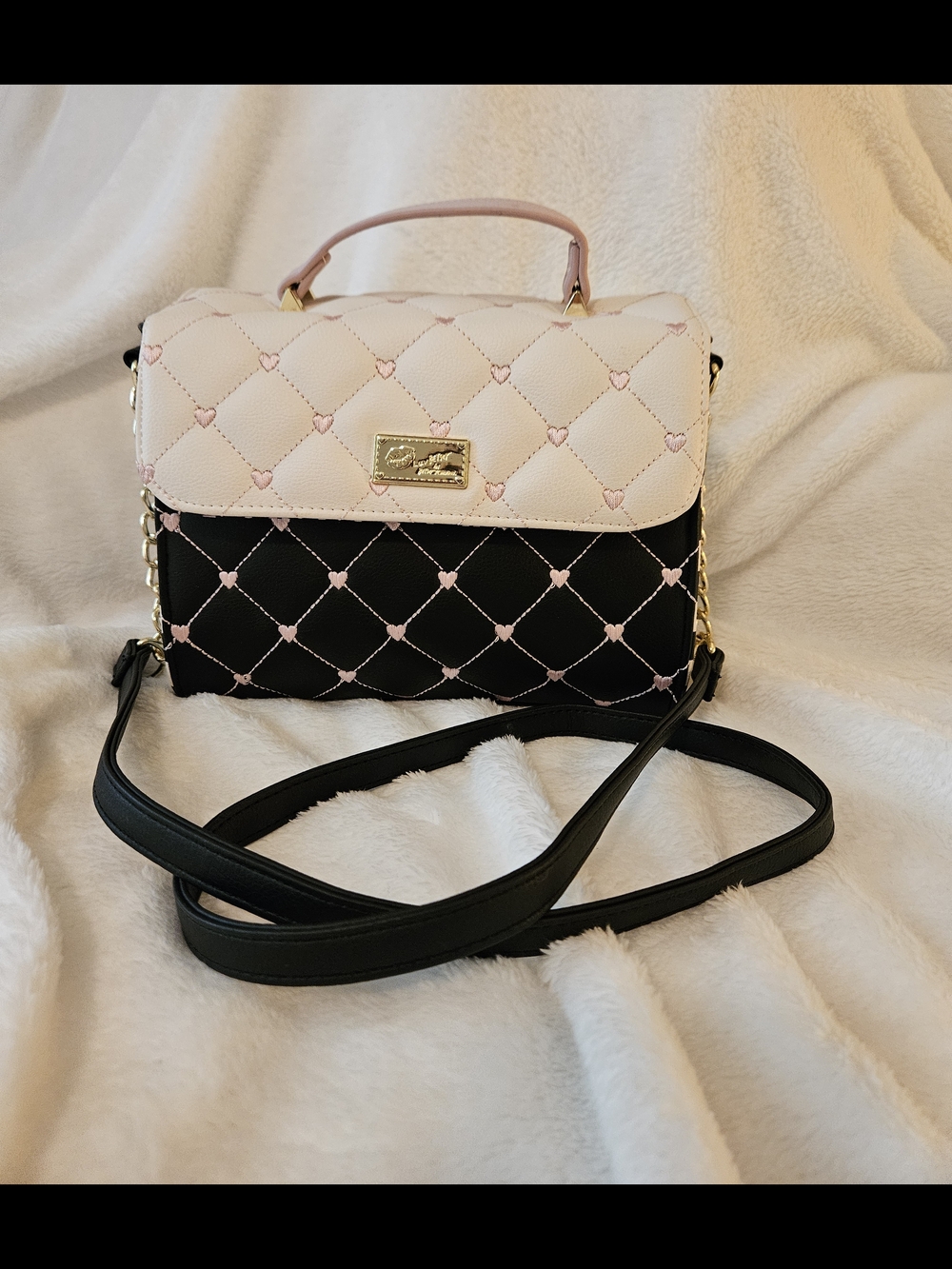 Betsy Johnson Two-Tone Black and Light Pink Quilted Crossbody Bag